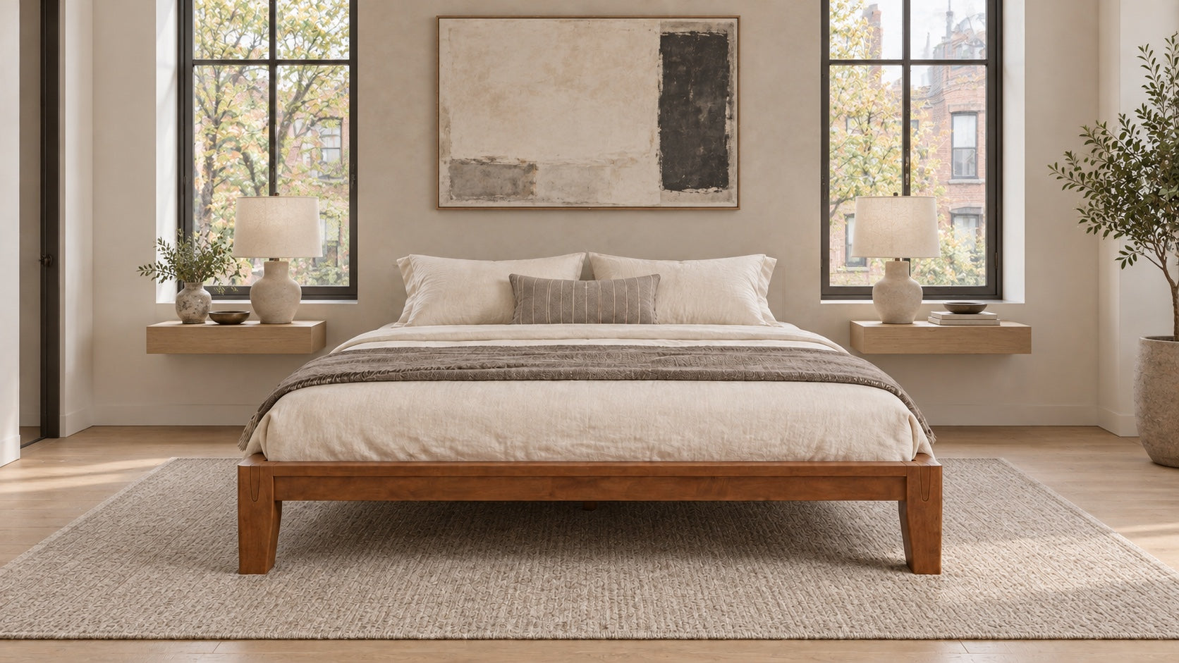 Front view of the Brintavo Queen Bed Frame in a minimalist contemporary East Coast townhouse bedroom