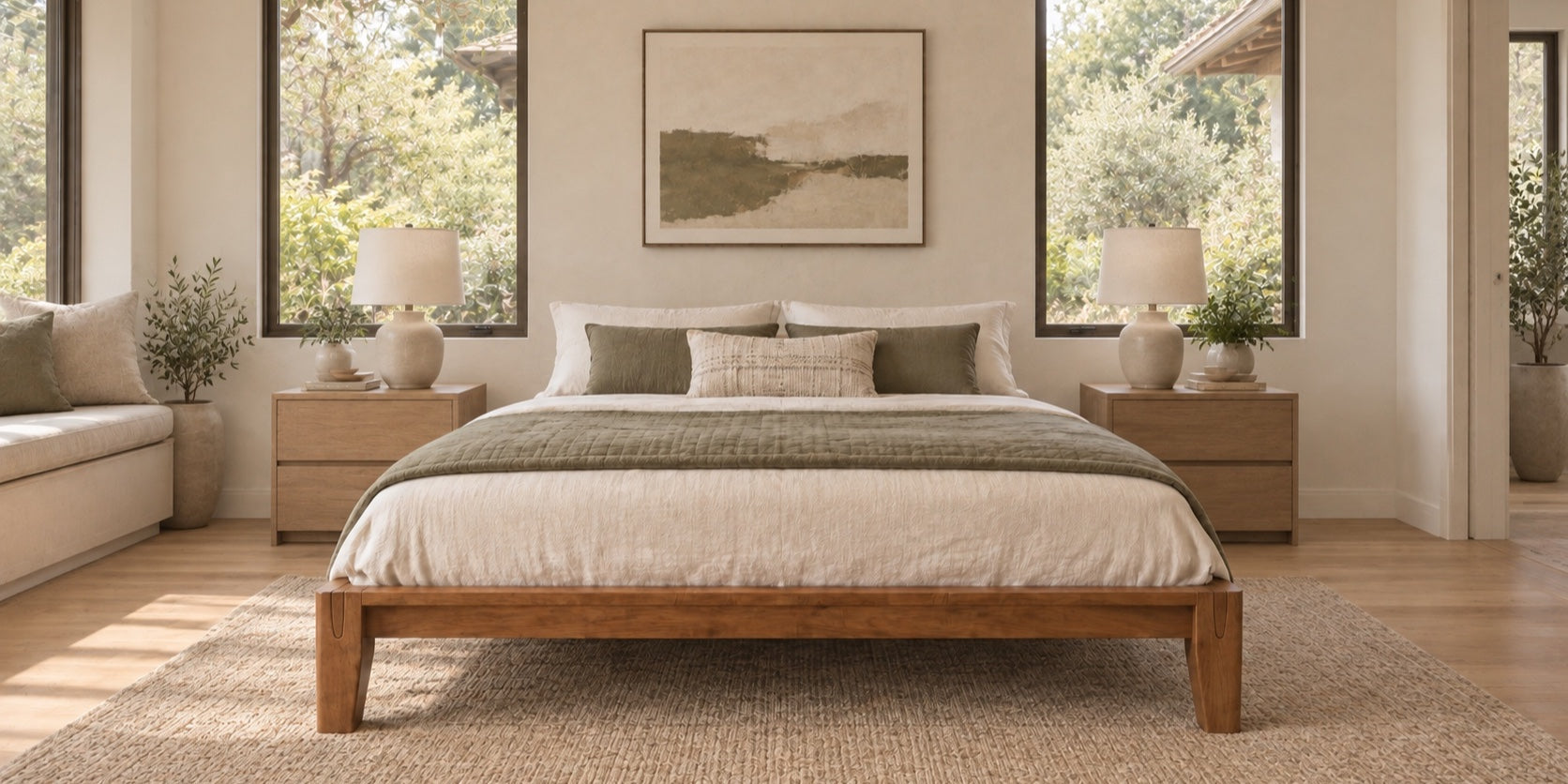 Brintavo solid rubberwood platform bed in a calm American-minimal bedroom
