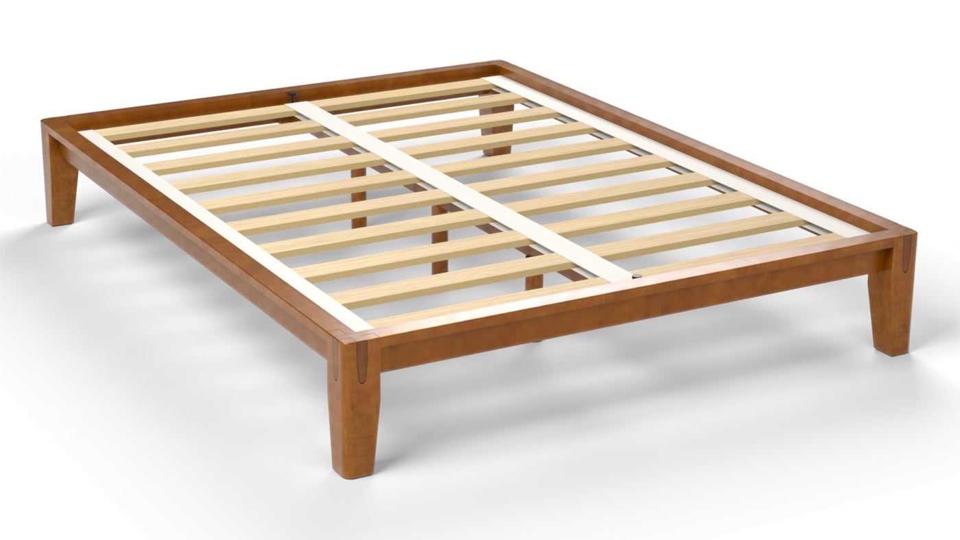 Brintavo solid rubberwood platform bed frame with its plywood slat support visible