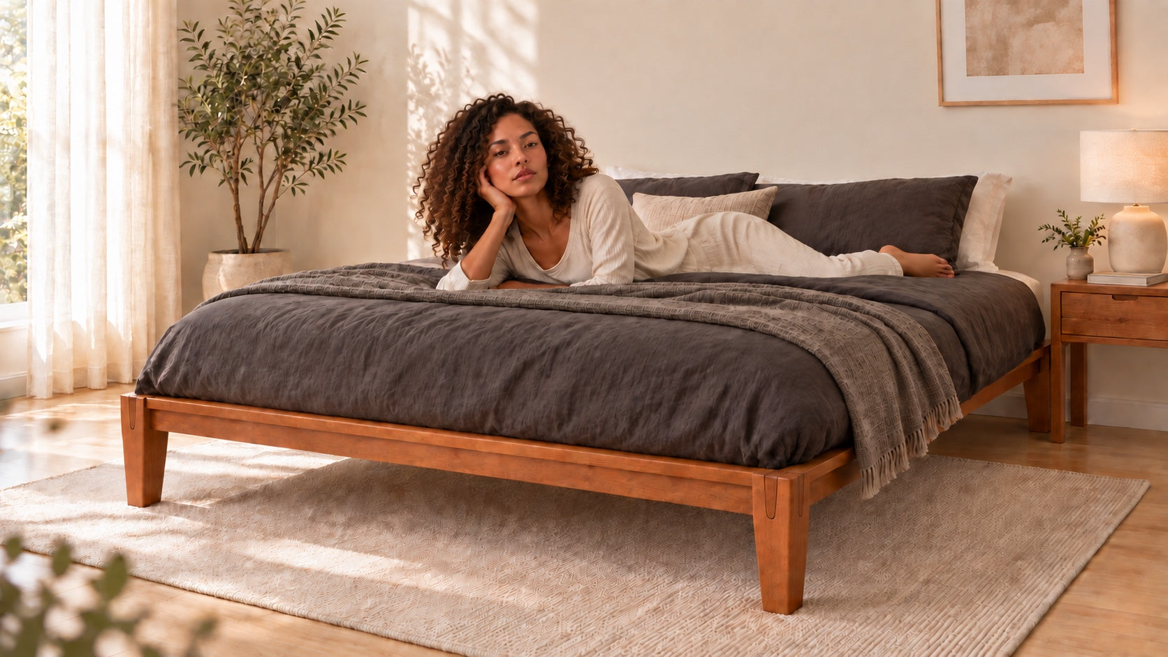 A composed woman resting on a Brintavo Queen platform bed in a minimal modern bedroom
