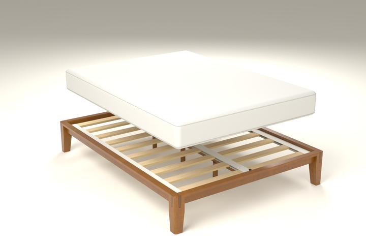 Queen mattress raised above the Brintavo Queen slatted platform, showing the included slats, center rail and support feet