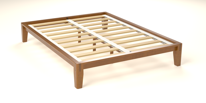 Complete Brintavo Queen platform bed frame showing its outer frame, slats, separate center rail and support feet
