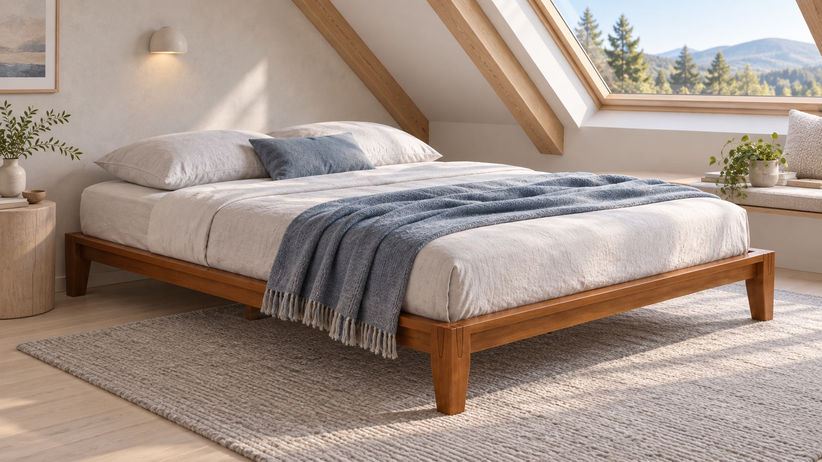 Brintavo Queen Bed Frame in a Scandinavian attic bedroom with a pitched roof and skylight
