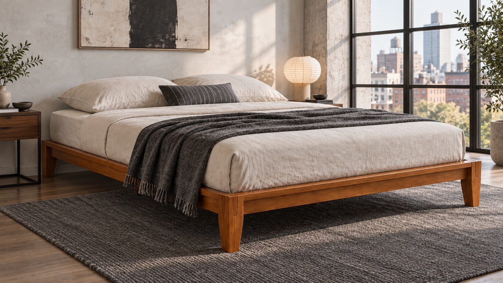Brintavo Queen Bed Frame in an urban loft with industrial windows and a city view