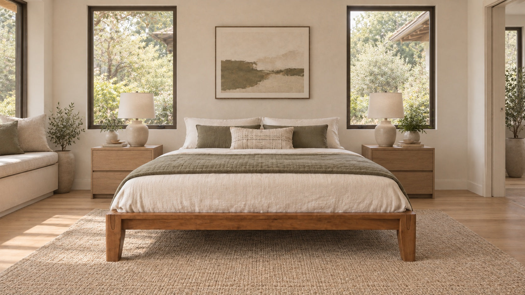 Front view of the Brintavo Queen Bed Frame in a minimalist California modern ranch bedroom