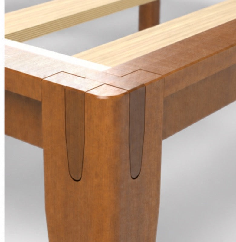 Completed Brintavo U-shaped corner joint with the rails seated into the solid-rubberwood leg