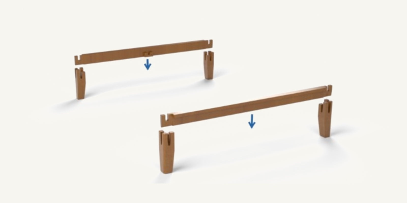 Queen bed end rails positioned above the four corner legs