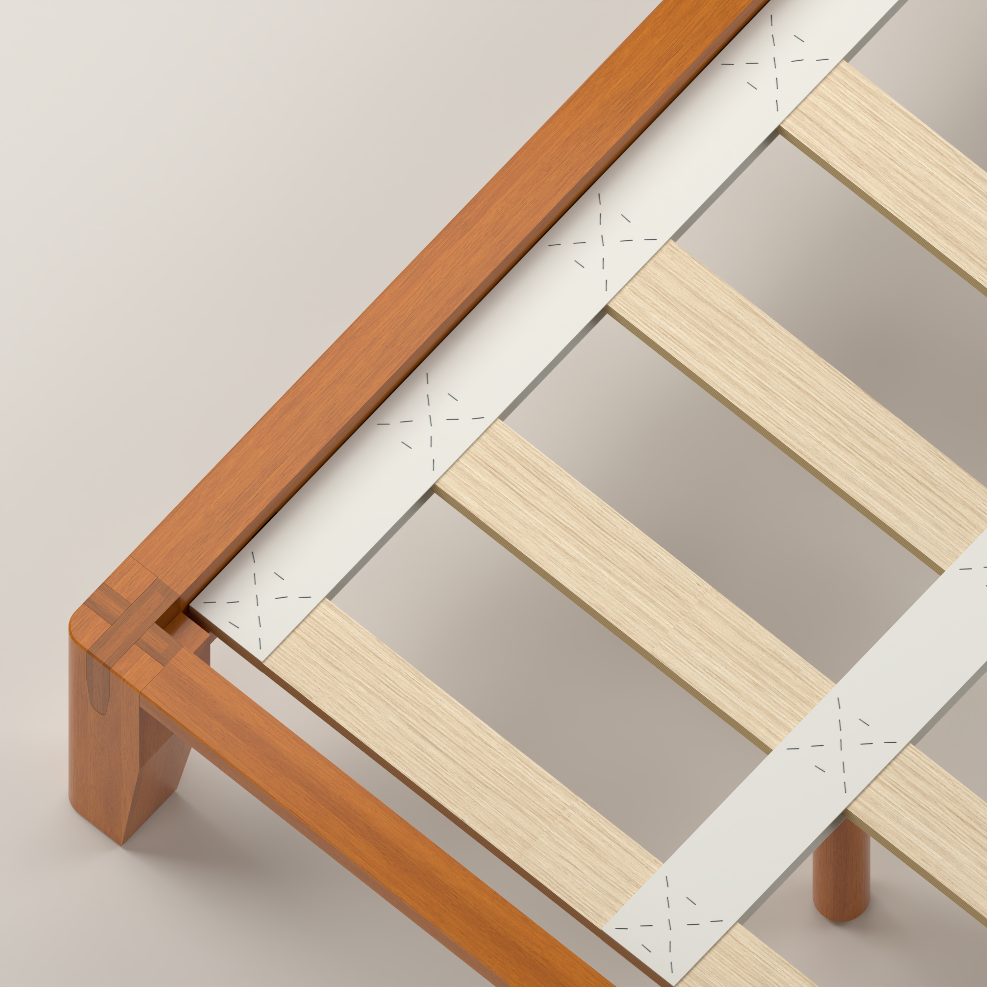 Overhead detail of the Brintavo slat unit fitting closely inside the solid-wood frame