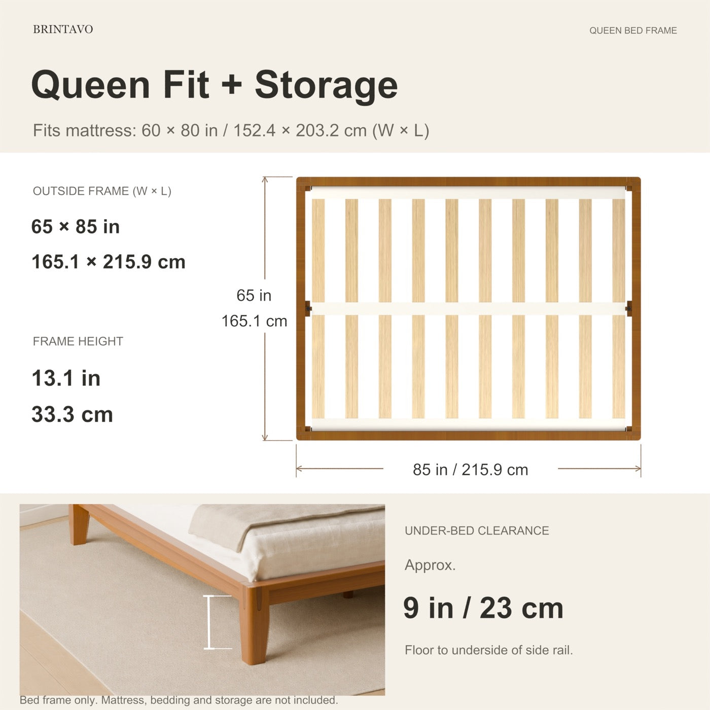 Queen Bed Frame overall dimensions and under-bed clearance
