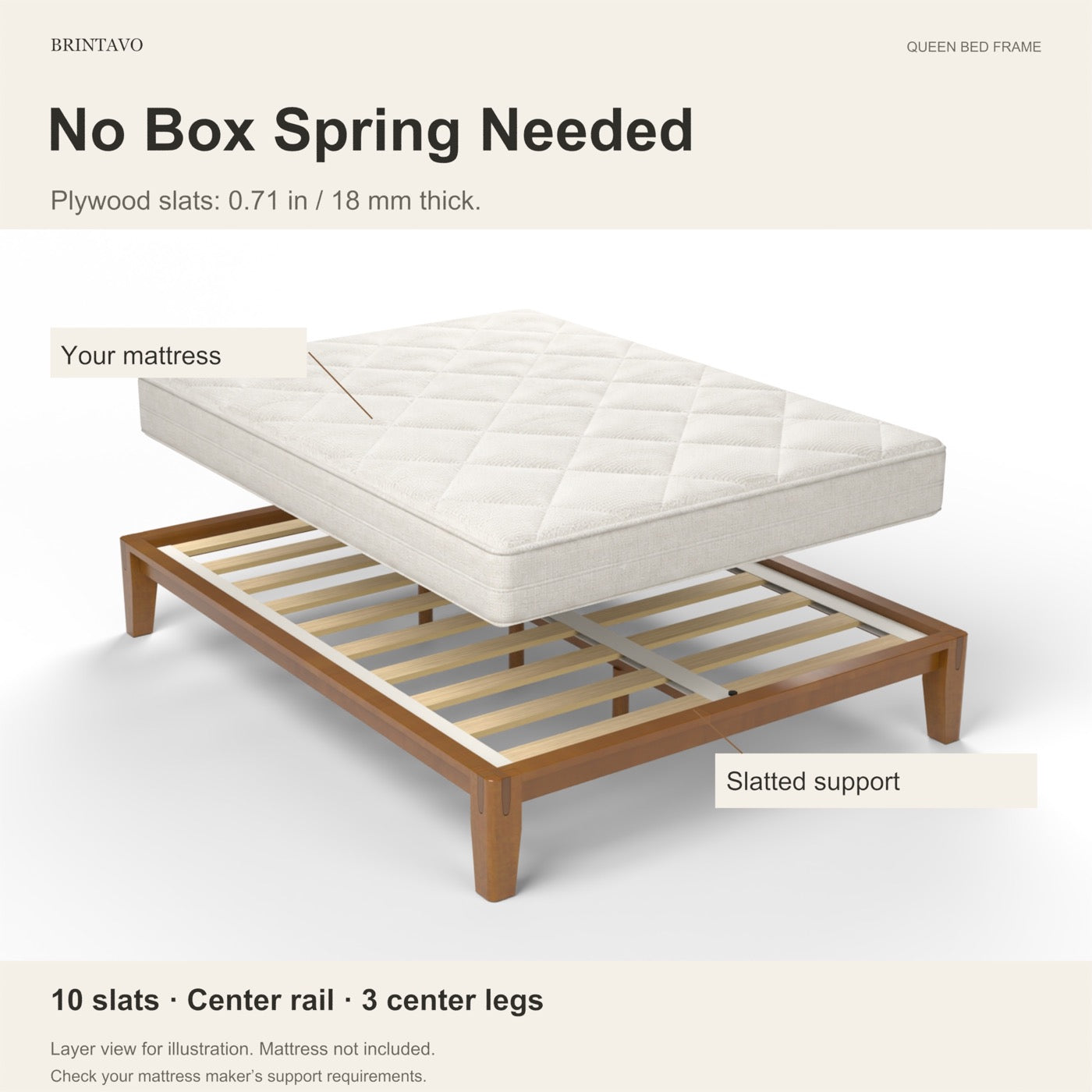 Queen slatted mattress support without a box spring