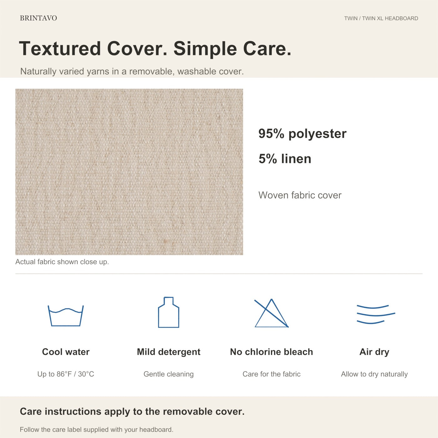 Headboard fabric composition and care guidance